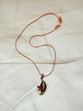 Load image into Gallery viewer, Red Enamel Butterfly on Rhinestone Leaf Pendant Copper Necklace