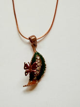 Load image into Gallery viewer, Red Enamel Butterfly on Rhinestone Leaf Pendant Copper Necklace