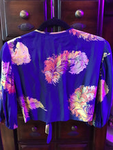 Load image into Gallery viewer, Blue Cropped Tie Top w/ Multicolored Feathers
