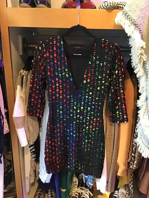 Black/Multi-colored Deep V-Neck Dress