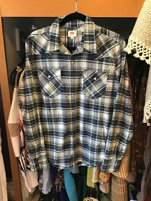 Navy/White/Green Plaid Pearl Button Shirt