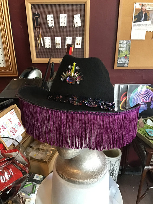 Glitz by Britz-Black Cowboy Hat-Purple Fringe