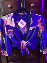Load image into Gallery viewer, Blue Cropped Tie Top w/ Multicolored Feathers