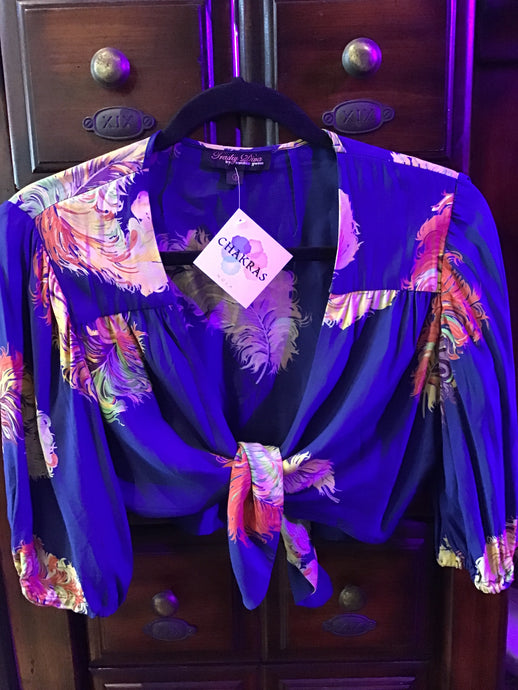 Blue Cropped Tie Top w/ Multicolored Feathers