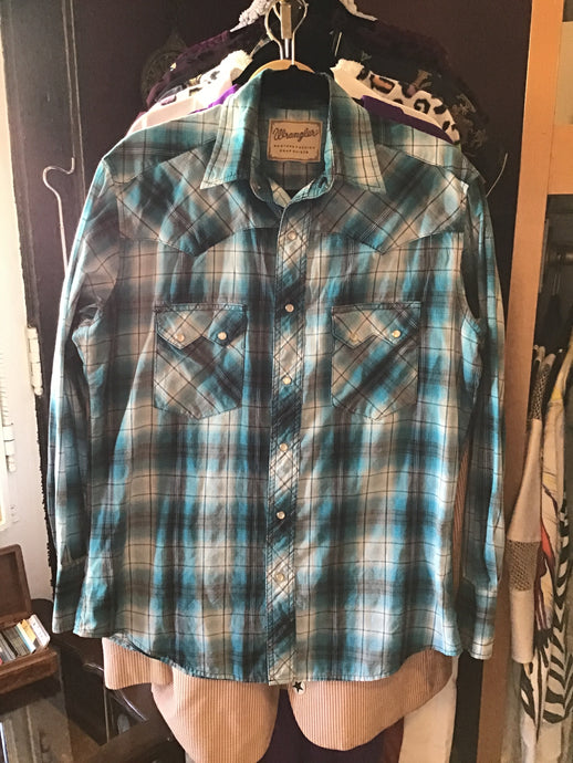 Wrangler Teal/White/Black Plaid Pearl Button Shirt