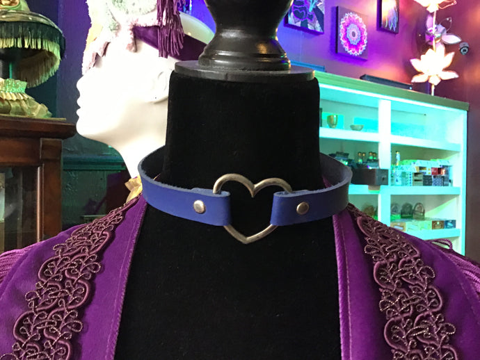 Blue Leather Heart Choker Necklace