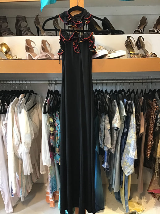 Rainbow Ruffle High Collar Black Maxi Dress