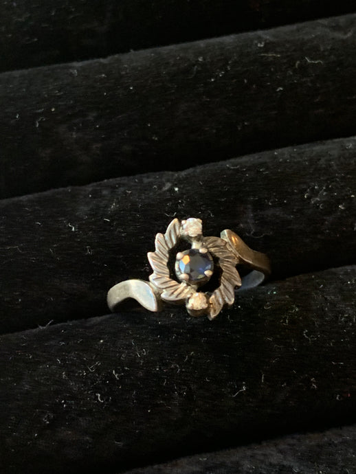 Floral Metal Ring with Blue Diamond Center Ring