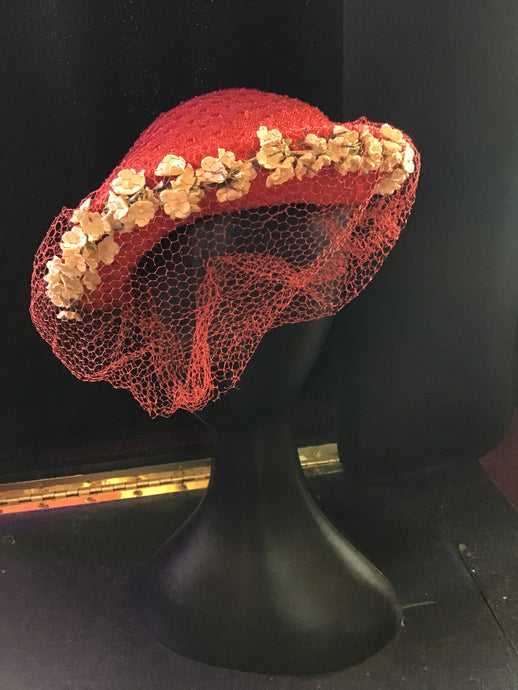 Vintage Red Fascinator with White Flowers