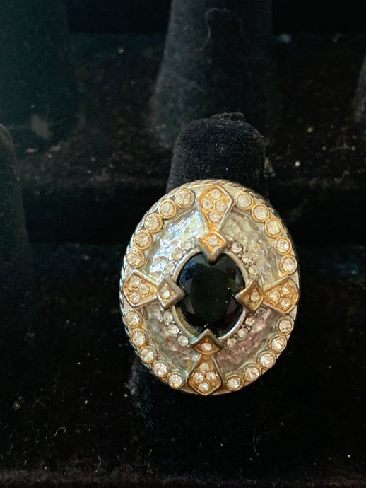 Chunky Silver & White Crystal Ring with Black Center Stone