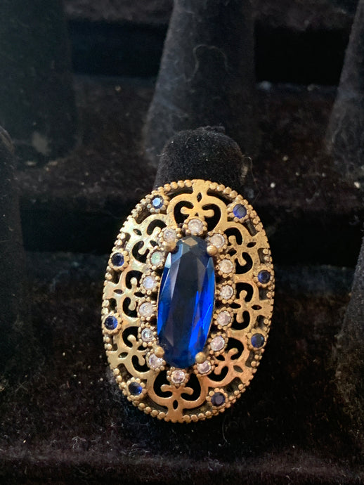 Gold & Blue Oval Crystal Ring
