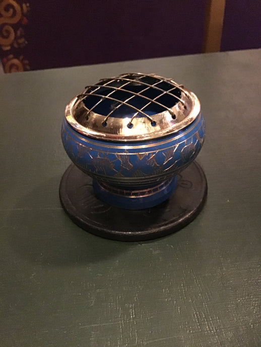 Etched Brass Incense Holder: Blue