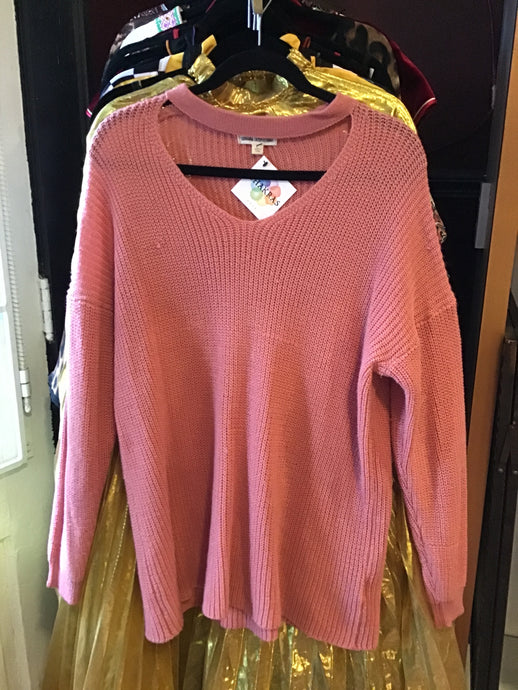 Pink Knit Sweater with Cut-Out Collar
