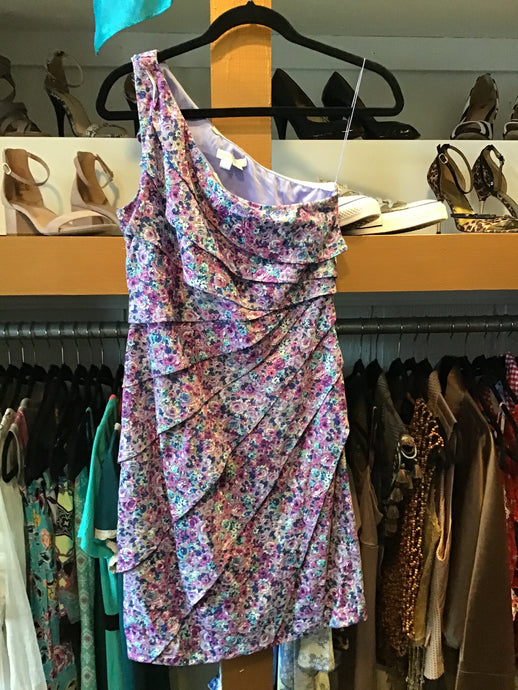 Purple Side Strap Floral Ruffle Dress