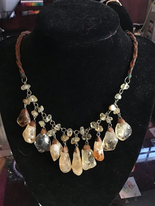 Yellow Quartz and On Leather Chain