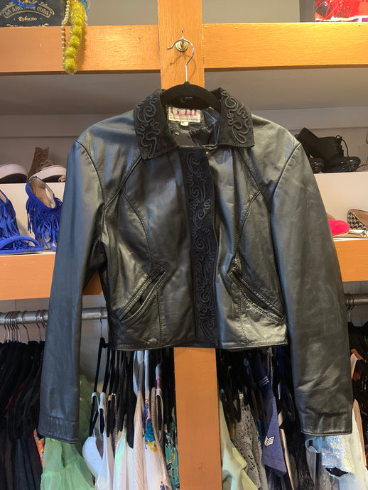 Black Leather Jacket with Abstract Embroidery