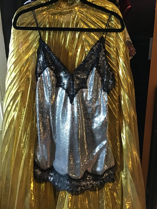Silver Sequined and Black Lace Dress