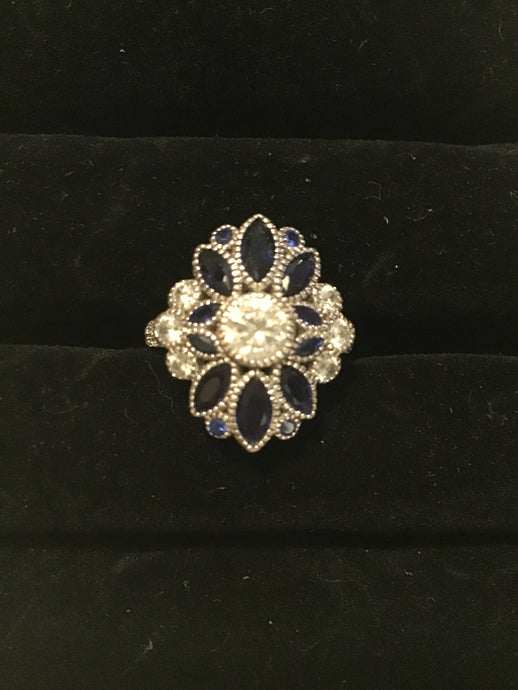 Silver Sapphire/CZ Ring