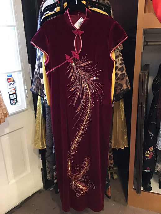Red Velvet Feather Sequin Gown