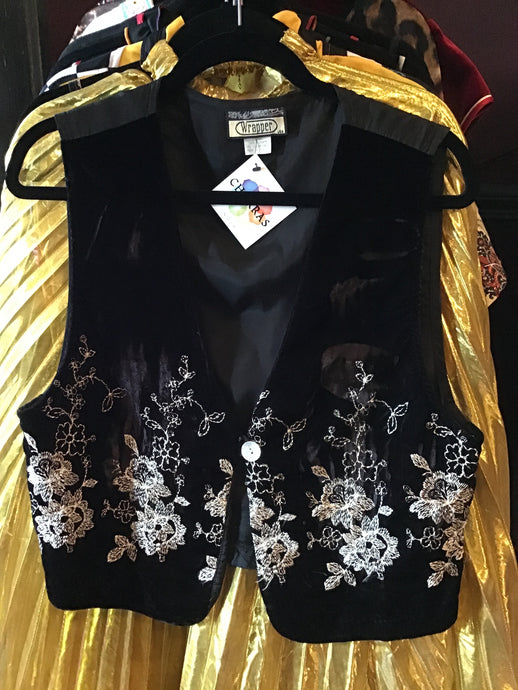Vintage Black Velvet/White Embroidered Vest